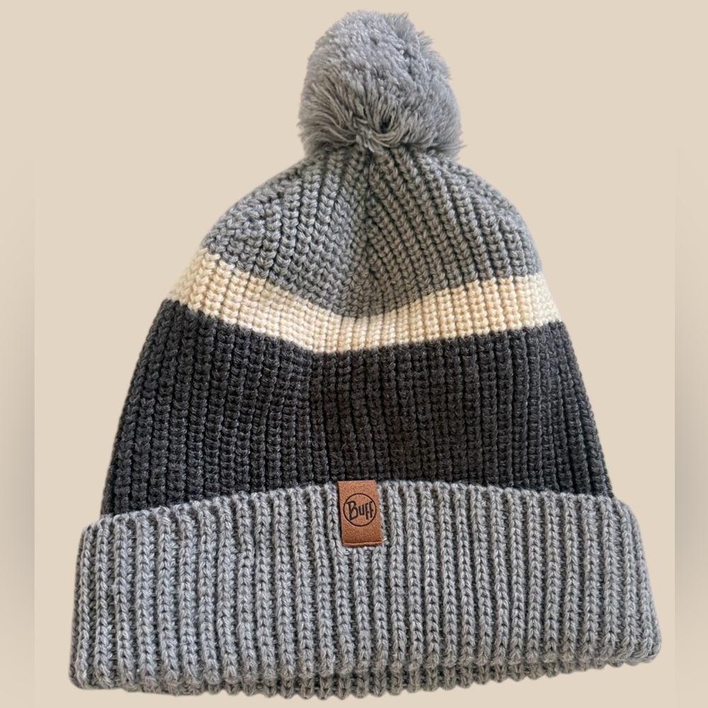 Buff Ribbed Knit Beanie Unisex Size Gray Multicolor Striped Winter Hat